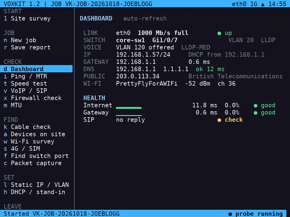 Voxkit dashboard: link 1000 Mb/s, switch core-sw1 port Gi1/0/7, voice VLAN 120, gateway and DNS healthy