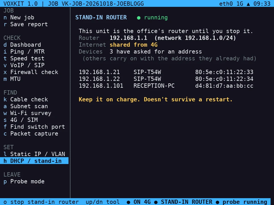 Stand-in router running as 192.168.1.1, internet shared from 4G, three devices listed